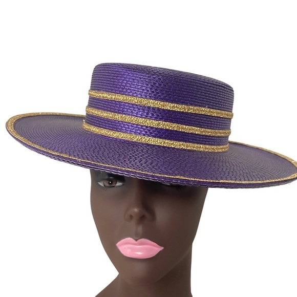 Derby Style Purple Sparkly Metallic Gold Trim Women Church Hat with Bow - Picture 1 of 16